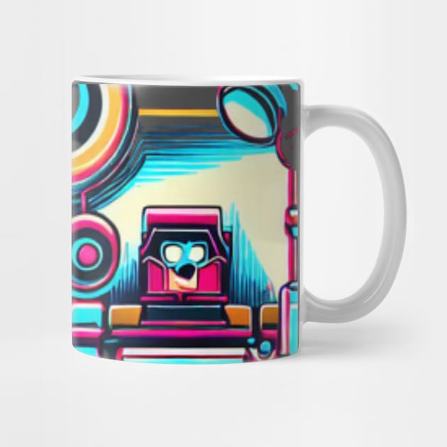 A piece that incorporates both retro and futuristic elements, such as robots and neon colors with a vintage twist. by maricetak